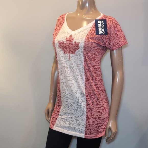 3/$20 WORLD CALHOUN Canadian Flag Burnout Tunic Tshirt Vneck Canada Day Top - Picture 6 of 12